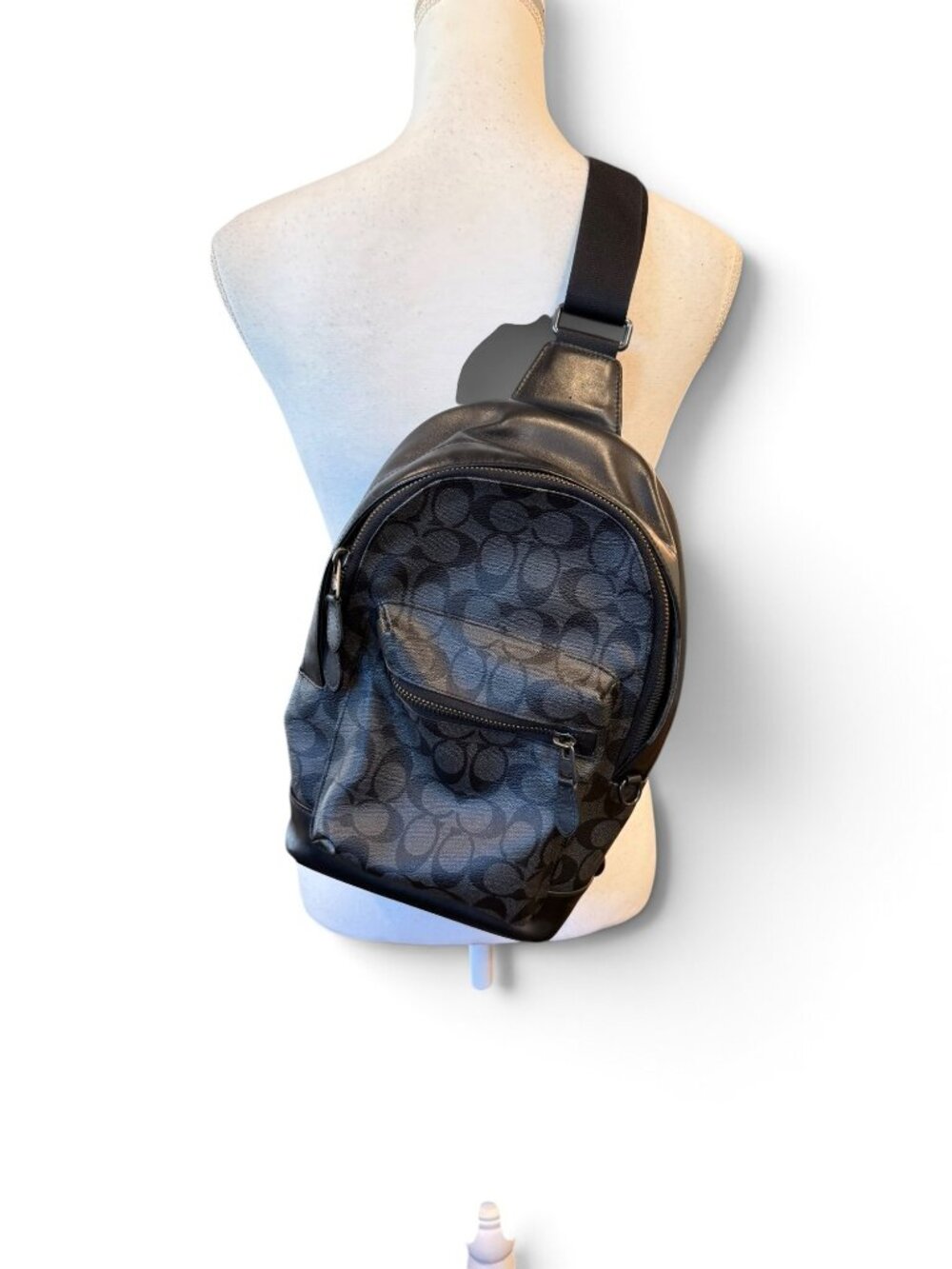Coach Mens Black Leather Signature Canvas Sling Backpack